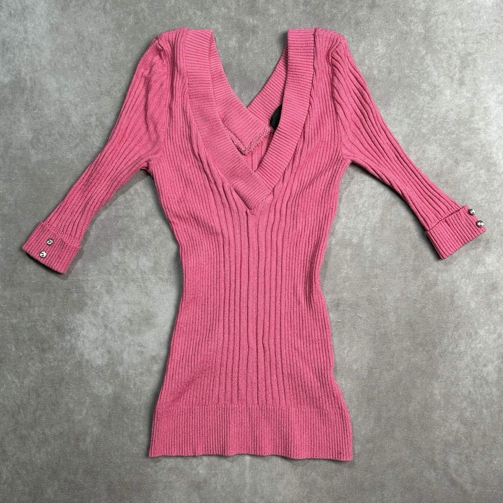 VTG Y2K Bebe Sweater Womens M Baby Pink Preppy Ribbed Bodycon Coquette